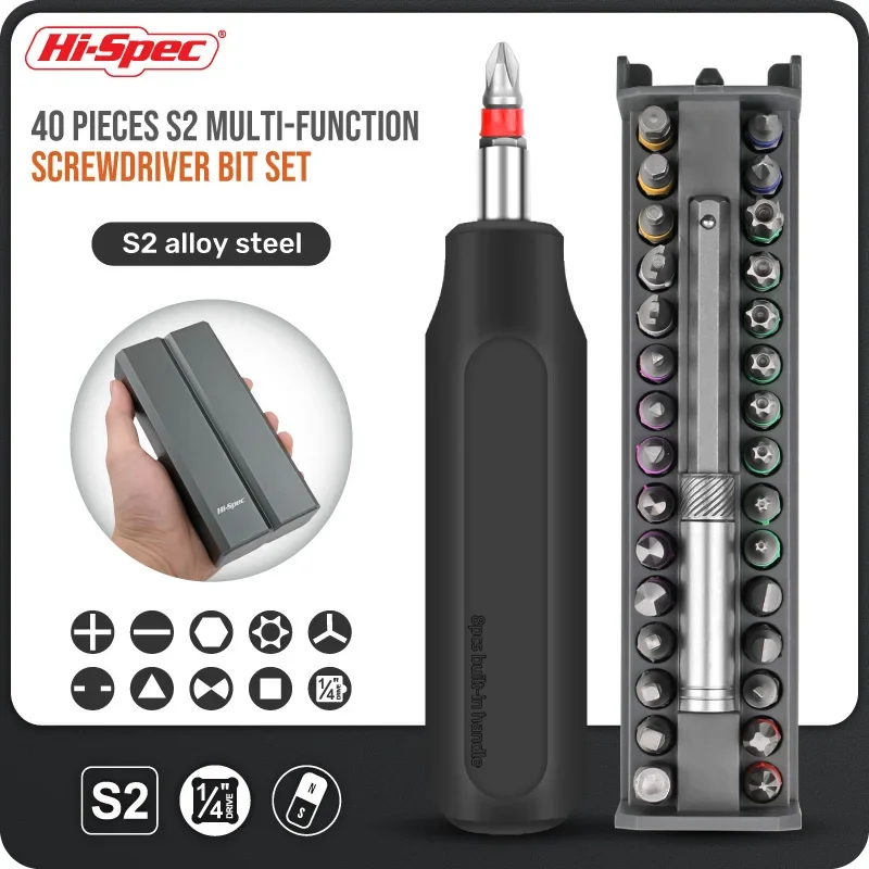 Hi-Spec 40PC Hand Tools Kit Set - S2 Alloy Screwdriver Sets 14-Type Bits, Press-Lock Case Spirit Level Industrial Magnetic Tool