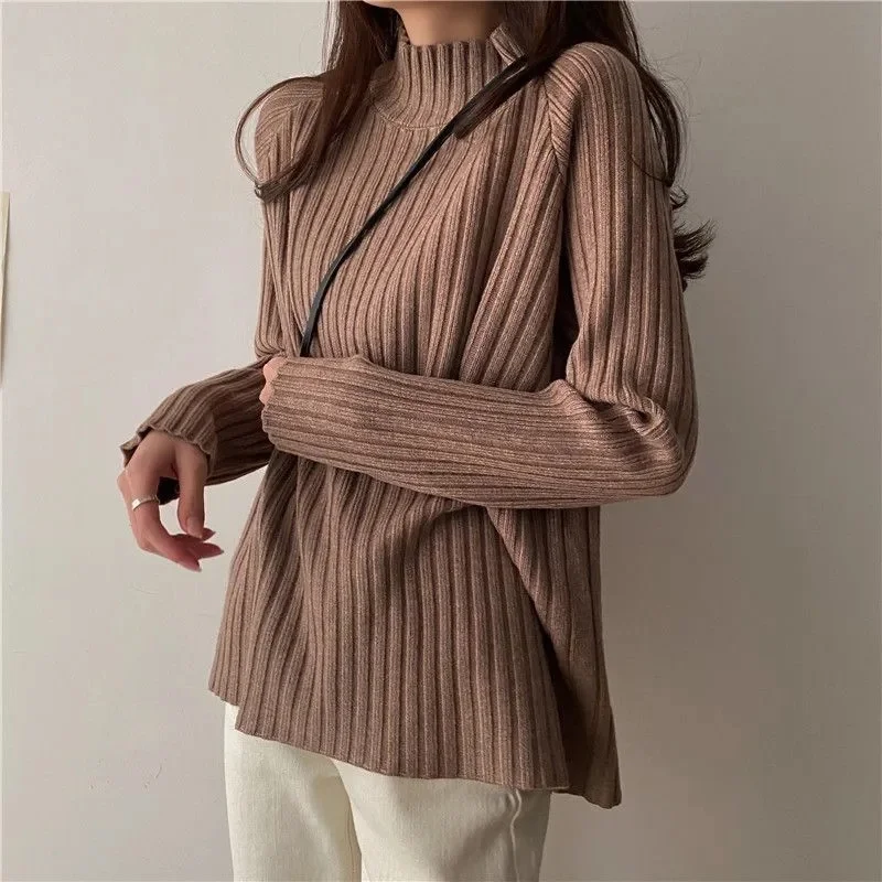 

Women Autumn Winter Turtleneck Sweater Elegant Slim Solid Ribbed Knitted Cashmere Jumpers Female Long Sleeve Pullover Knitwear