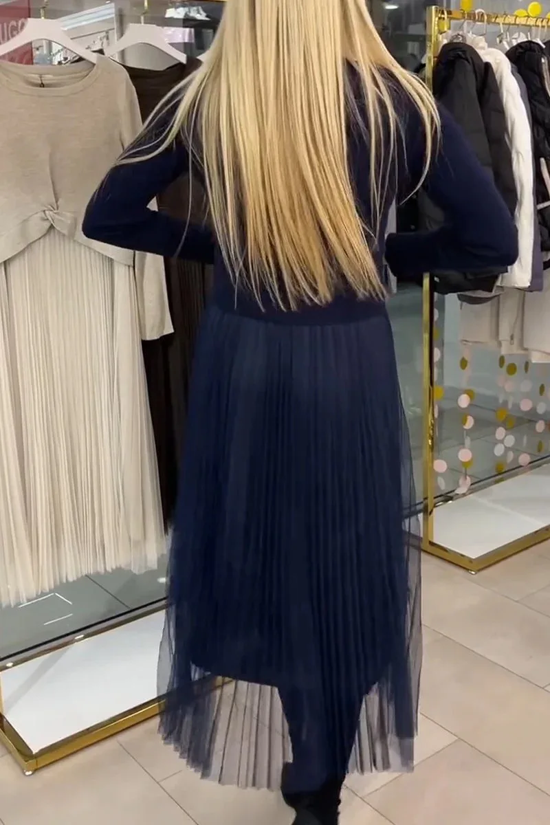 ใหม่จีบลูกไม้ชุดผู้หญิงแฟชั่น O คอพับผู้หญิง Dresswith Slim PARTY A-Line ชุดยาวฤดูใบไม้ผลิฤดูใบไม้ร่วง