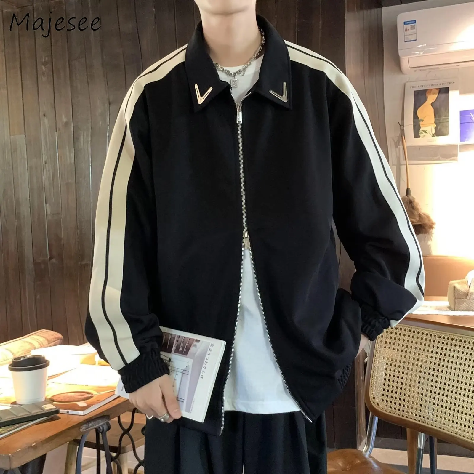 

Jackets Men Striped Fashion Casual All-match Coats High Street Couples Harajuku Outwear Loose Streetwear BF College Teens Chic