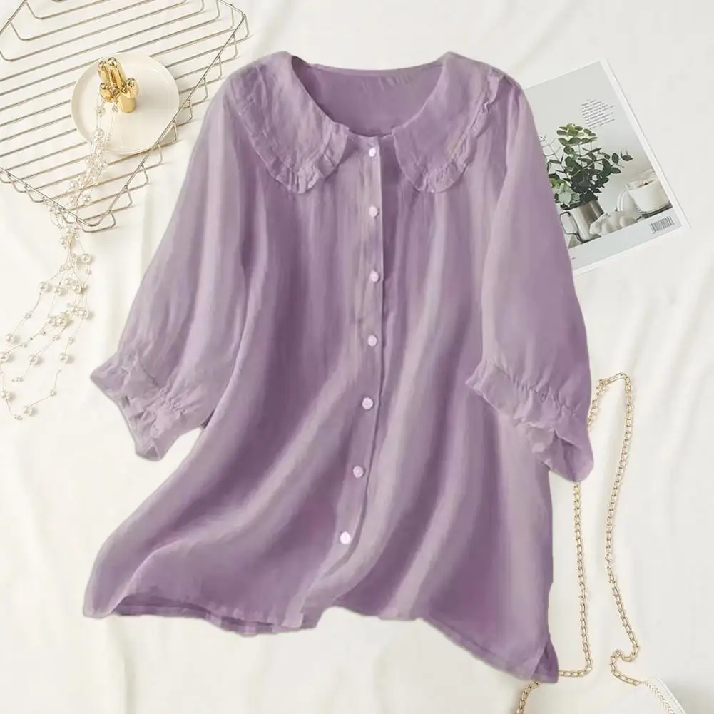 

Women Summer Shirt Tops Doll Collar Half Sleeve Blouse Solid Color Loose Fit Single Breasted Shirt Work Party Vacation Tops