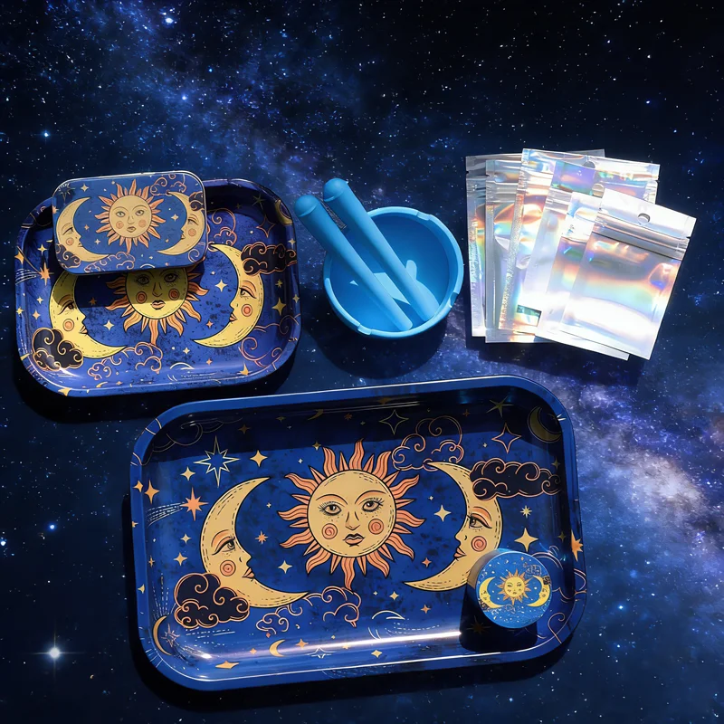 

13PCS Sun with Moon Tinplate Smoke Accessories Set Tin Tobacco Rolling Tray Ashtray Small Cigaret Box Gift Smoking Accessorie