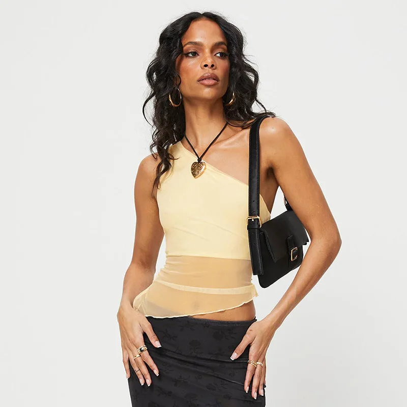 Sommer einfarbig schräg Schulter Top asymmetrische Mesh Perspektive Weste sexy ausgesetzt Nabel würzigen Mädchen Slim Fit Hosenträger