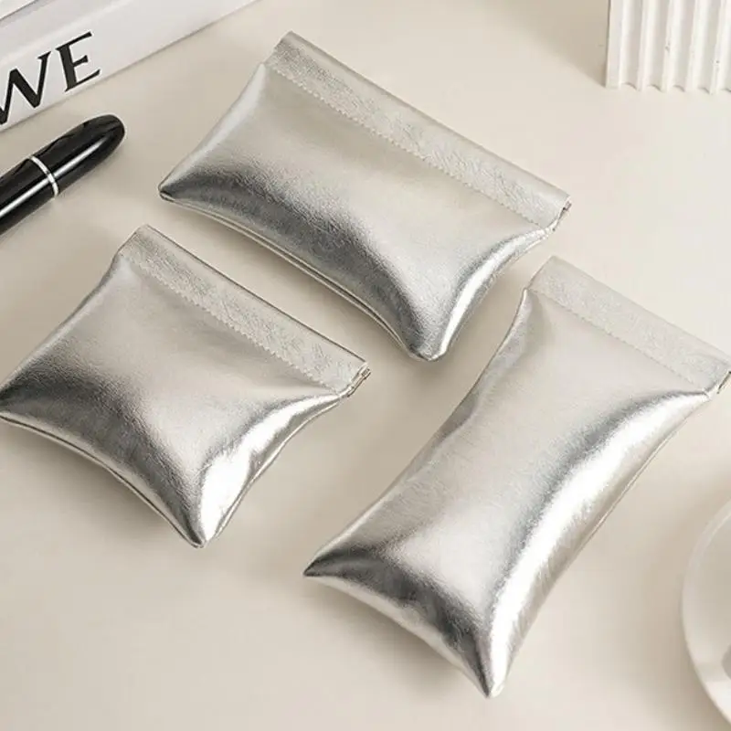 Super Cool Small Silver Wallet Portable Data Cable Storage Bag Snap Automatic Closure Wired Earphone Mini Digital Pouch