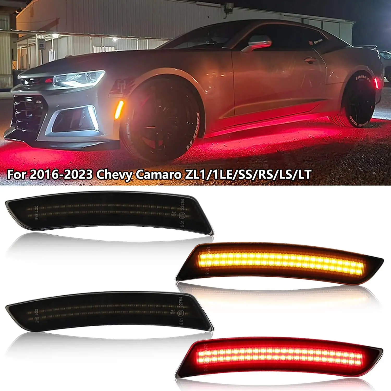 

Fit For Chevrolet Camaro 2016-2023 Smoked Lens LED Side Marker Reflectors Lamp Amber Front Red Rear Side Fender Lights