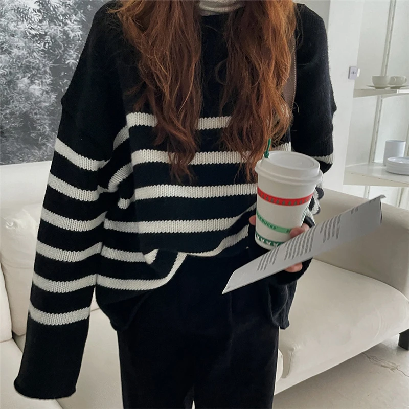 

Свободный длинный све женский круглый трикотаж Ne в белые полоски винтажный весенне-осенний базовый слой корейская верхняя одежда