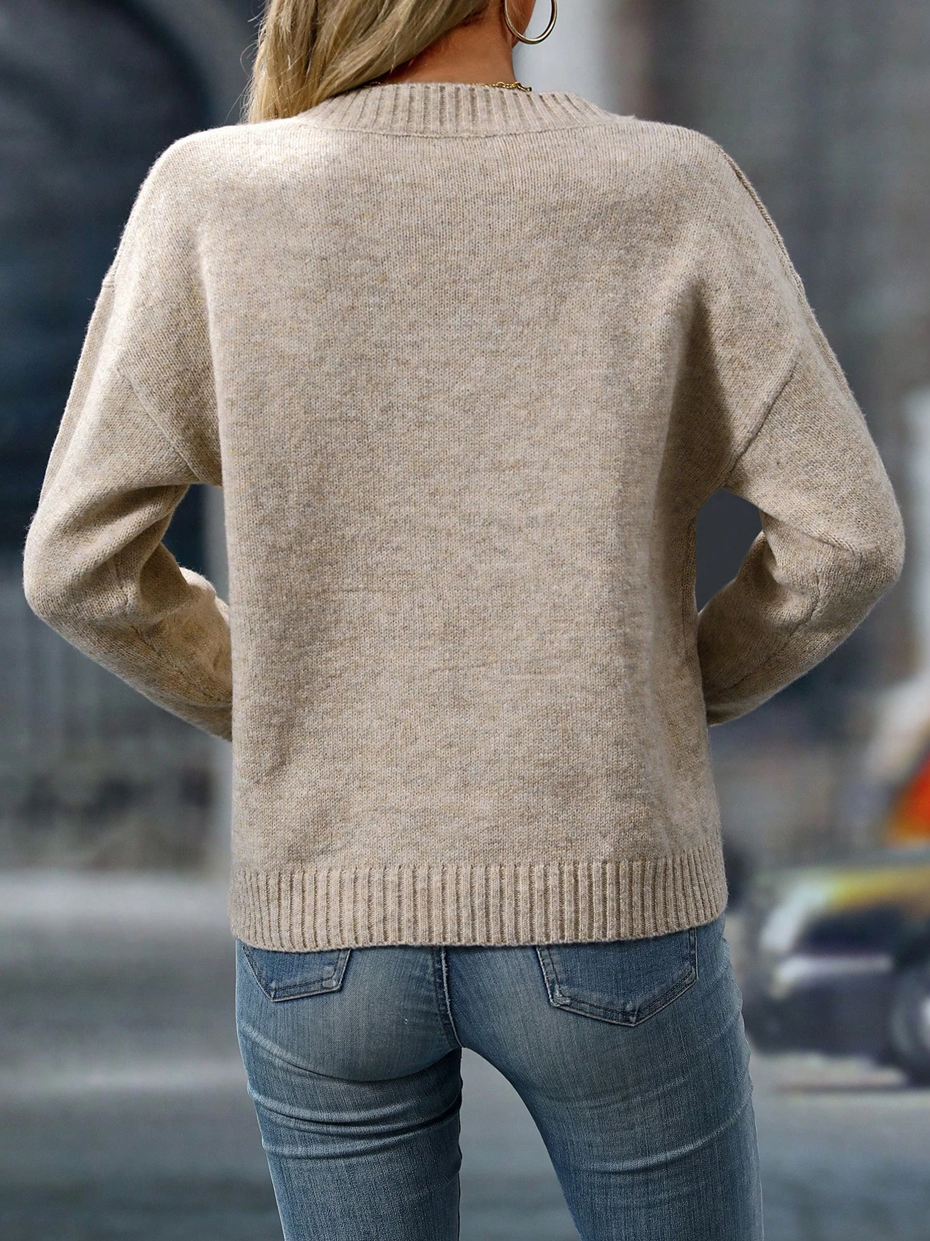 Women V-Neck Loose Knit Sweater For Autumn Winter, Minimalist Commuter Long Sleeve Top, Versatile Basic Ladies Wear