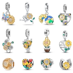 S925 Sterling Silver Flower With Various Shapes Sparkling Zircon Sunflower Charms Beads Fit Pan Original Bracelets DIY Jewelry