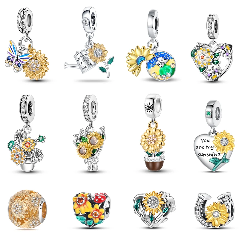 925 Sterling Silver Flower With Various Shapes Sparkling Zircon Sunflower Charms Beads Fit Pandora Original Bracelets DIY Gift