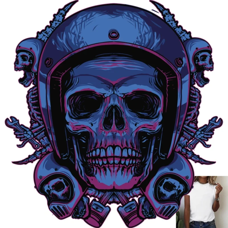 Trendy Skull Helmet & Mechanical Elements Heat Transfer White Ink Iron - on Patch, Edgy Street Style, Suitable for T - Shirts,