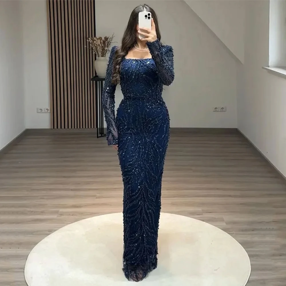 Navy Blue Evening Dress Customized Beading Lace Long Sleeve Square Neck Luxury Party Dress Straight Floor Length Prom Gowns