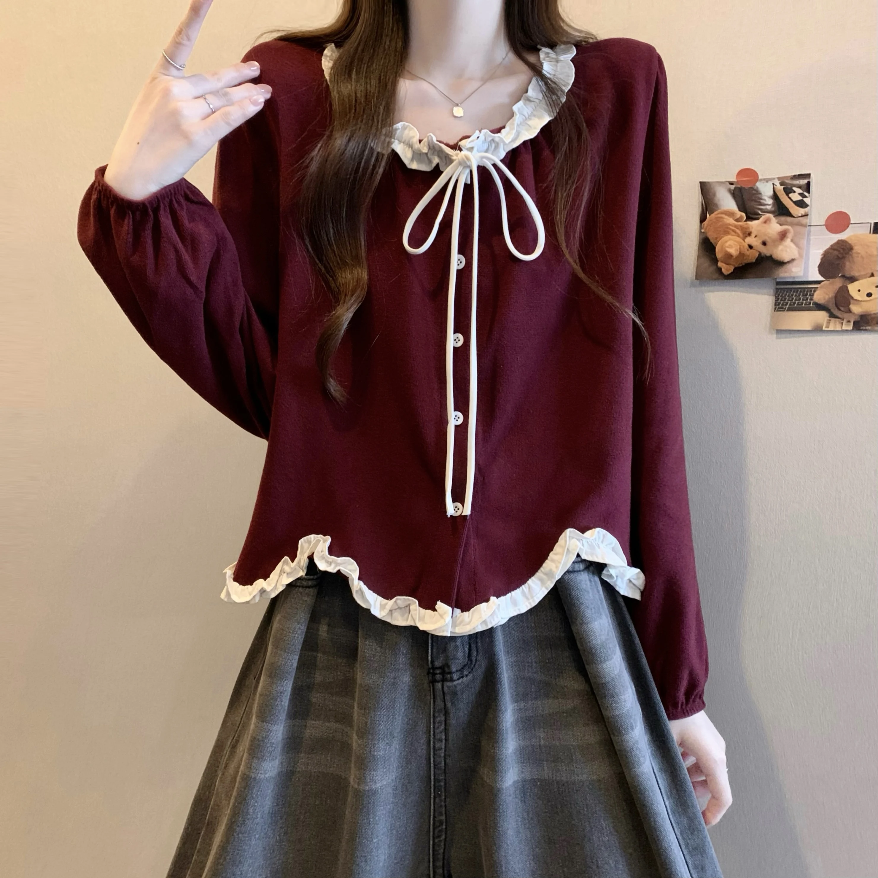 قميص بحزام بعقدة التخسيس مع لون خشب Blo لخريف وشتاء عصري للنساء من الدانتيل irt Commute Sle #3