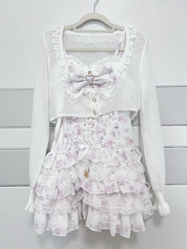 Japanese Sweet Lolita Lace Floral Print Long Sleeve 2 Piece Sets Women Bow Ruffle Layered Mini Skirt Set Female Daily Clothes