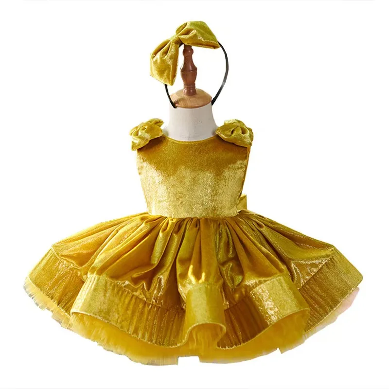 Jill Wish Cute Gold Children Flower Girl Dress with Bow Knee Length Princess Baby Wedding Birthday Party Holiday Gown J306