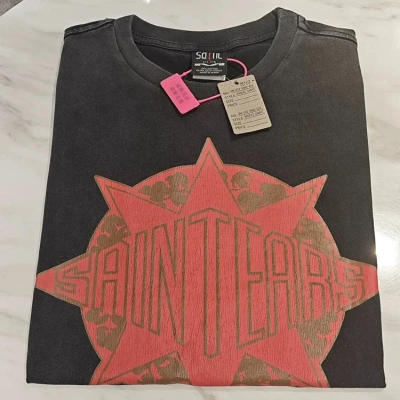 

25ss футболки с шестиугольным звездным принтом Saint Michael для мужчин и женщин, повседневные черные рубашки из чистого хлопка