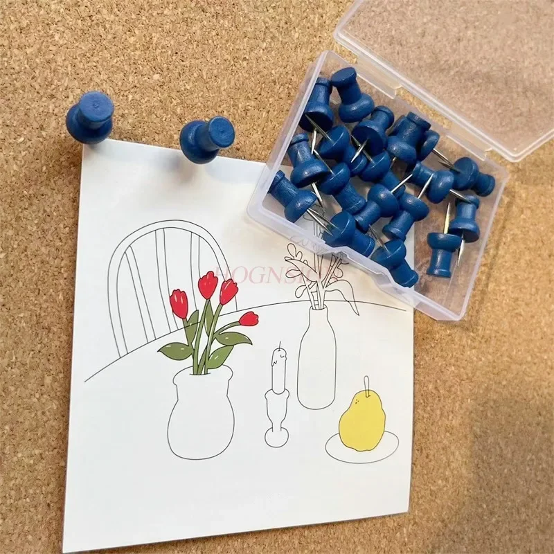 20pcs Treasure blue I-shaped nail, macaron colored solid wood push pin, soft wood board, nail bulletin board