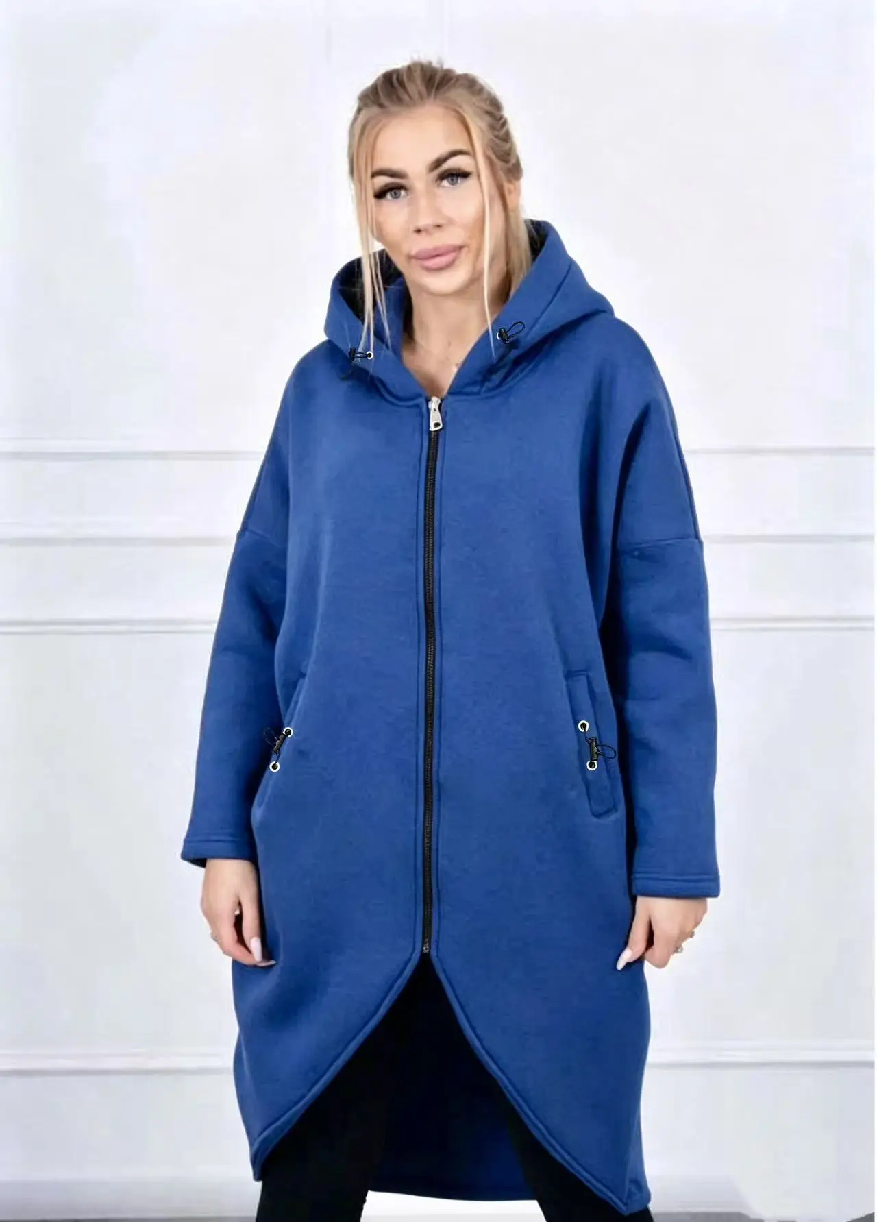 Plus size loose blue long hooded sweatshirt metal zipper drawstring pocket commuting over-the-knee casual irregular jacket