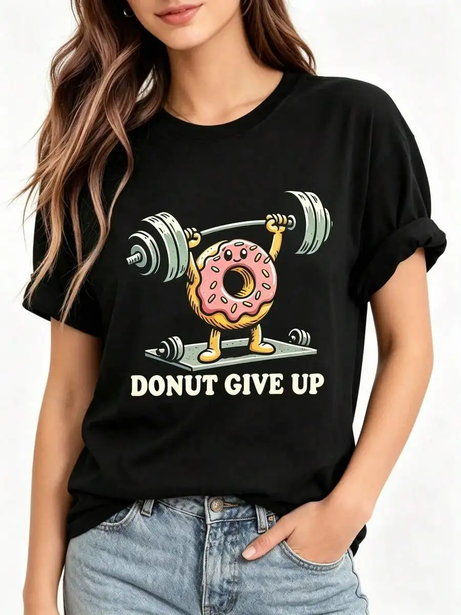 Women Funny Cartoon Donut Weightlifting Graphic Short Sleeve Crewneck T Shirt Summer Daily Wear Trendy Summer Outfit Top