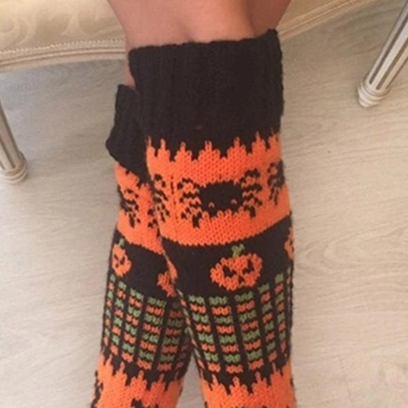Womens Halloween Party Thigh High Socks Pumpkin Knit Over Knee Stockings 15UB