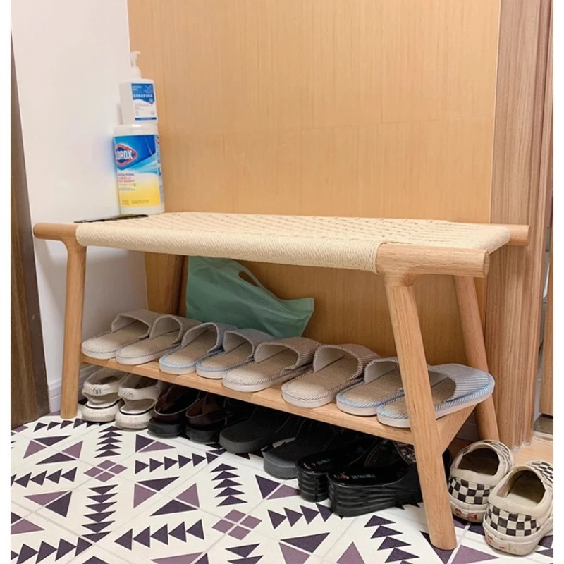 

Nordic Solid Wood Woven Stool, Entryway Shoe Bench for Bedroom, Designer Hallway Stool, I-Shape Mortise-Tenon Dining Chair