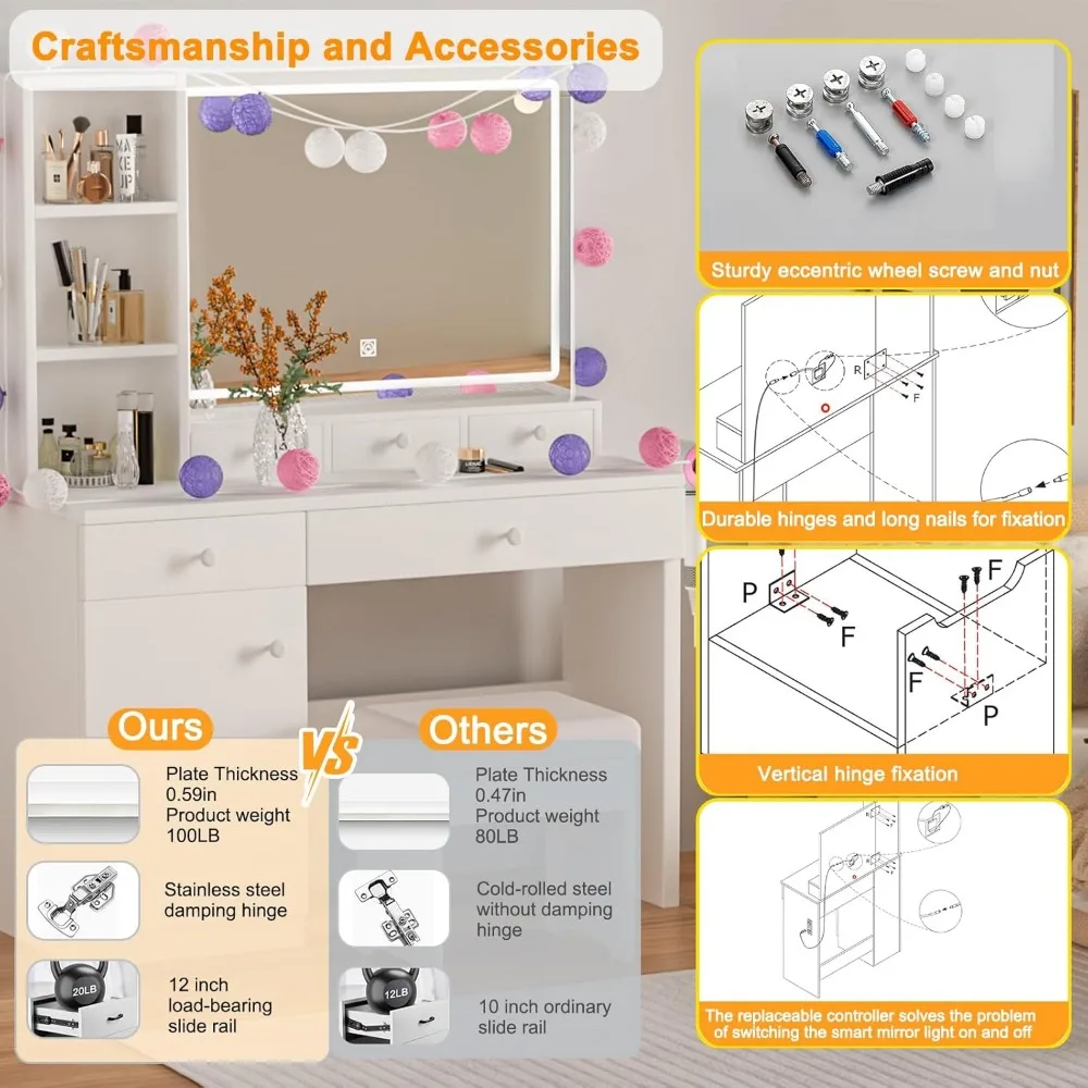 مكتب مكياج مع مرآة وأضواء LED، مكتب مكياج مع أضواء 3 ألوان، مكياج مع 5 أدراج و3 أرفف، Vanity Ta #5