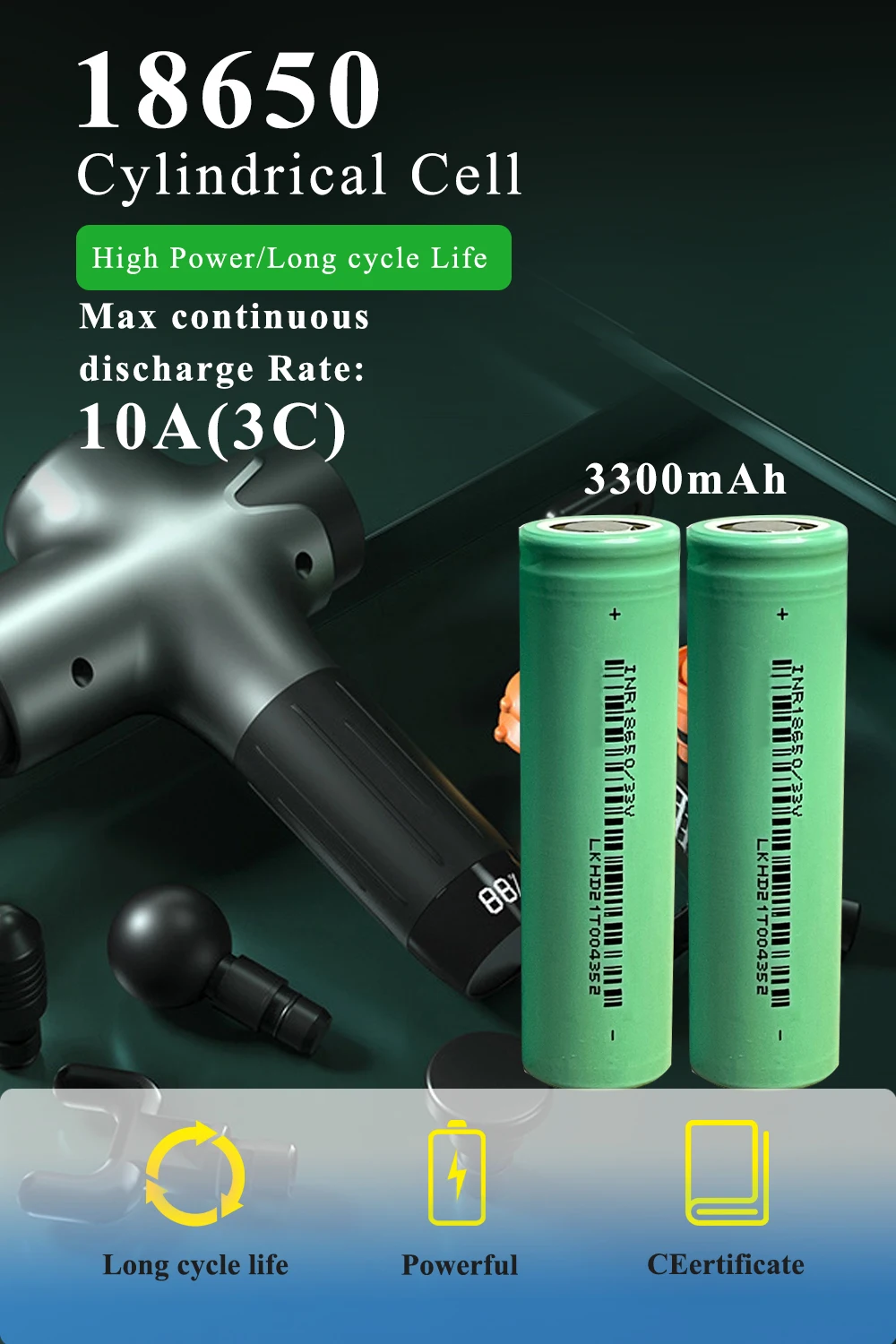 18650 Lithium Battery 3300mah Rechargeable Batteries 18650 cell 3.6V 3300mAh High Capacity 18650 Li-ion Battery For Fascia gun