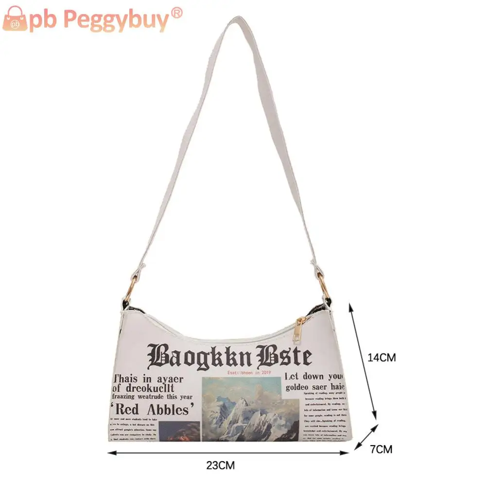 Retro Women Casual Newspaper Printing PU Underarm Bag Ladies Small Purse Handbag