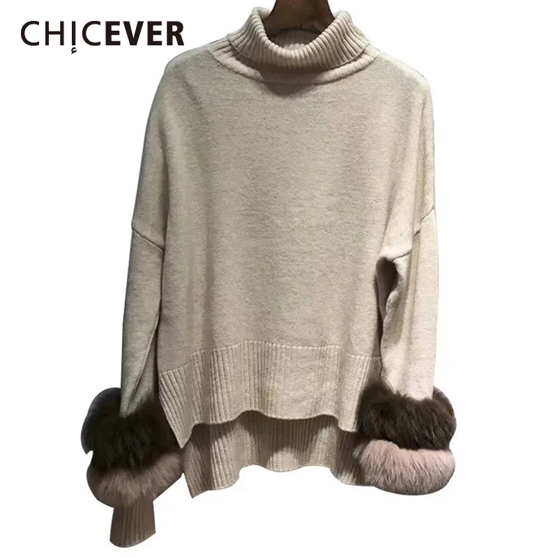 

CHICEVER Loose Fashion Sweater For Women Round Neck Long Sleeve Pullover Spliced Feather One Size Korean Sweaters Female Style