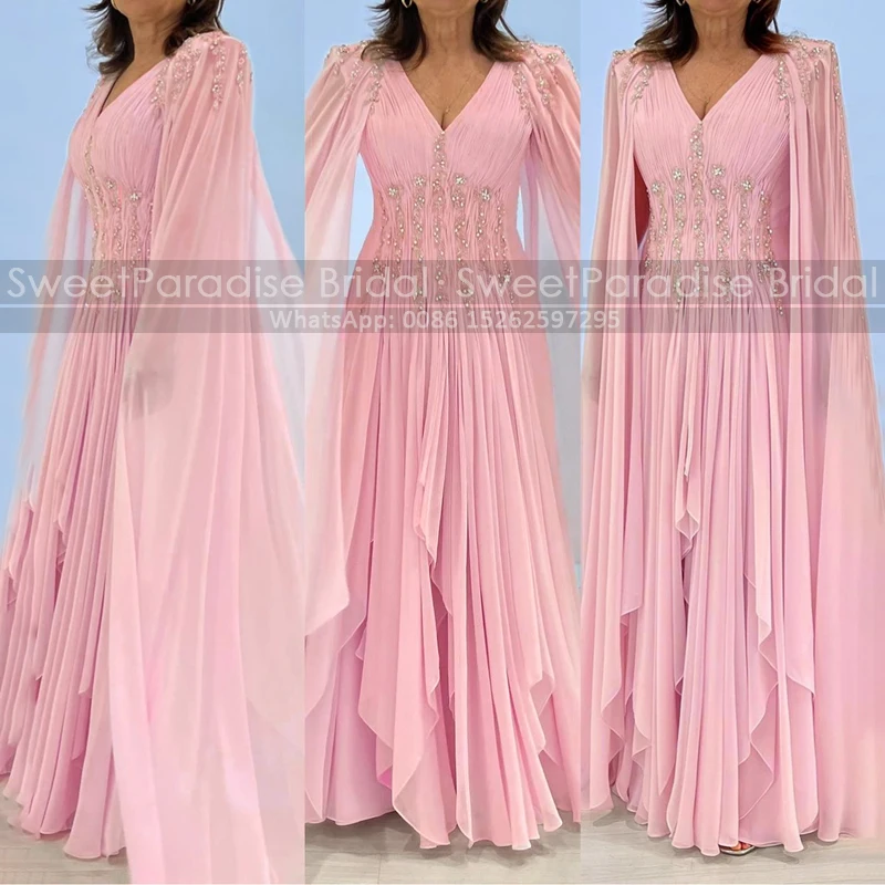 Cape Sleeves Tiered A Line Mother of the Bride Dresses Customized Heavily Beaded V Neck Long Pink Chiffon Evening Dress Party