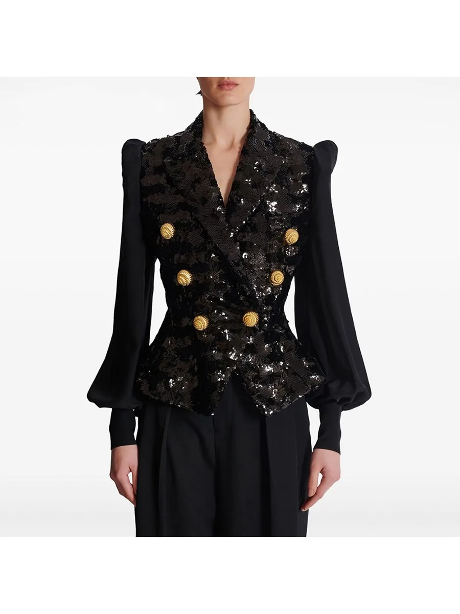 

Fashion Slimming Spliced Sequins Blazers for Women Lapel Long Sleeves Tunic Patchwork Metal Buttons Blazer Female пиджак