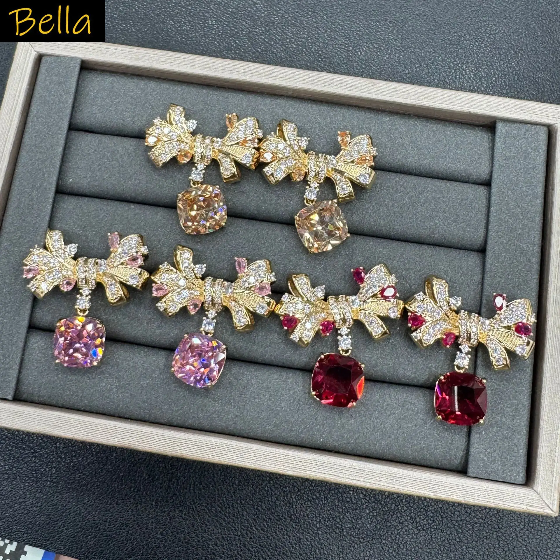 

cute bowknot earrings zirconia pink red white square block drop earrings for women girls gift gold color shiny jewelry party