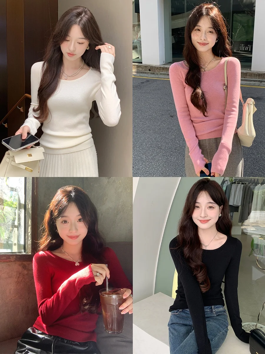 

Aboutpoem Slim Fit трикотаж Red Base irt round Ne женский модный универсальный шерстяной топ с длинным светом цвета