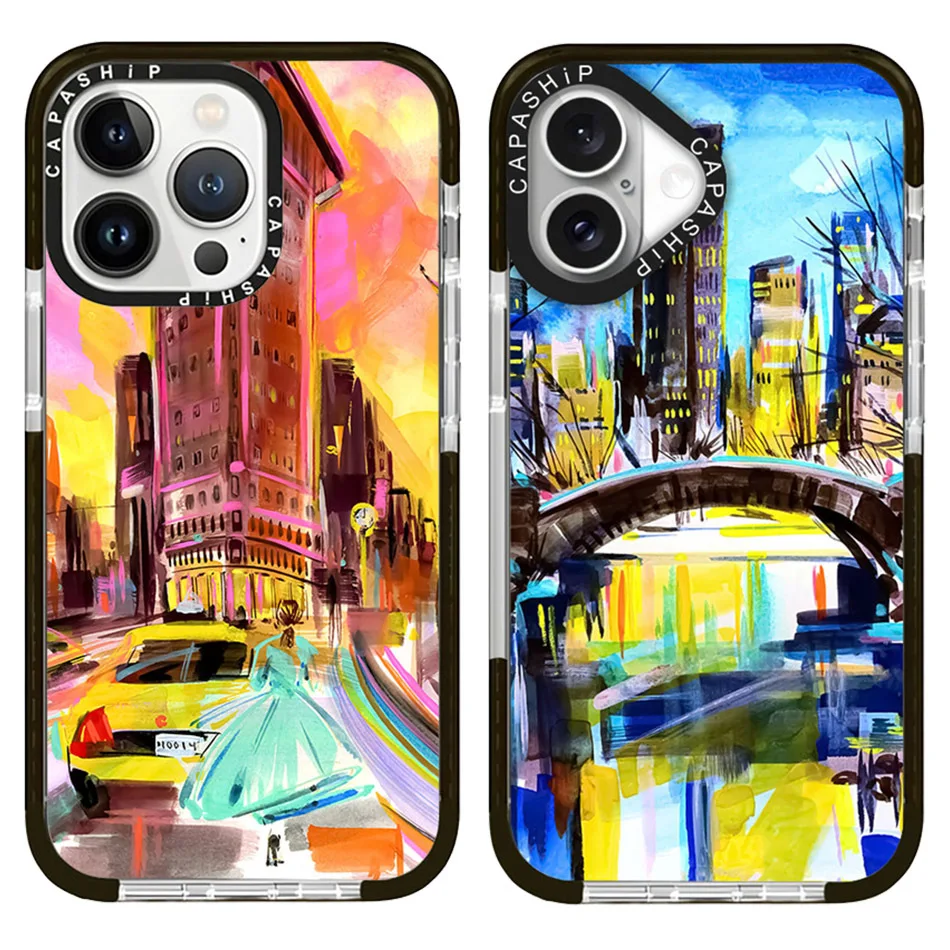 Oil Painting City Building Bridge Case For iPhone 16 15 14 13 12 11 Pro X XS XR Max 7 8 Plus SE Soft TPU Shockproof Back Cover