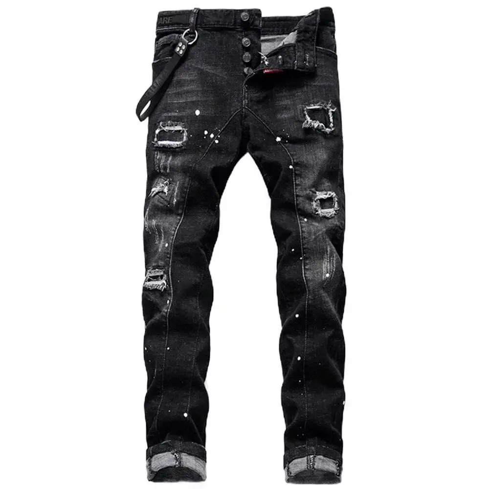 

Slim Fit Men's Black Denim Jeans Spring Autumn Heavyweight Tear Spray Paint Long Trousers Harajuku Style mid Waist Zipper