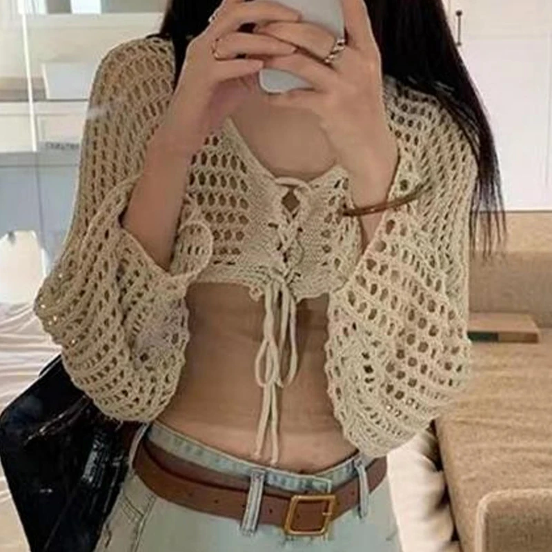 Summer Fashion Lace-up V-neck Long Sleeve Hollow Knitted Cardigan Women's Crop Top