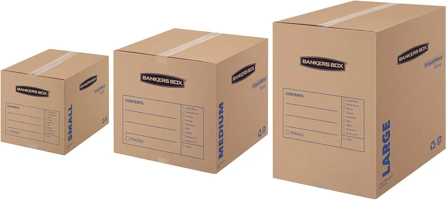 Cajas móviles pequeñas, paquete de 15, etiquetas preimpresidas, 16,5x12,25x12,675 pulgadas para una fácil organización