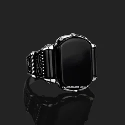 European and American Retro Pattern Black Curved Gemstone Ring For Men's Punk Fashion Ring