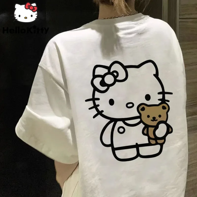 Sanrio Hello Kitty White Oversize T-shirt 2000s Summer New Cuteore Trend Clothing Youth Women Kawaii Graphic Tees Hip Hop Tops