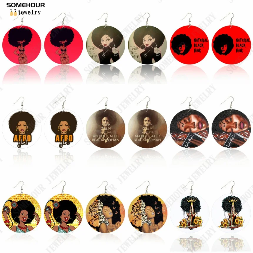 SOMEHOUR AFRO Curly Women Wooden Drop Earrings Natural Black Hair Girl Poppin Soul Print Loops Dangle Wood Craft Pendant Jewerly