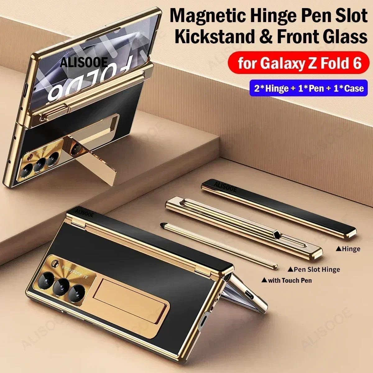 Double Hinge Pen Slot Cover for Samsung Galaxy Z Fold 6 Case Aluminum Alloy + PC Plastic Front Glass Stand Funda &Touch Pen