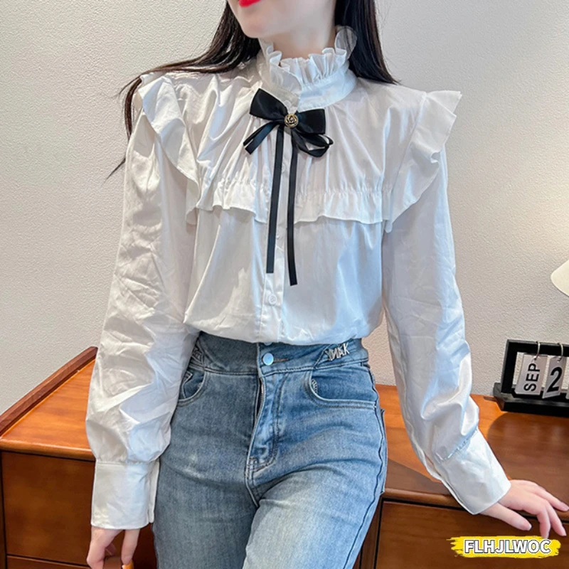 Stand Collar Ruffles Cute Bow Tie Tops Preppy Style Vintage Japanese Korea Design Button Elegant Formal White Shirts Blouses