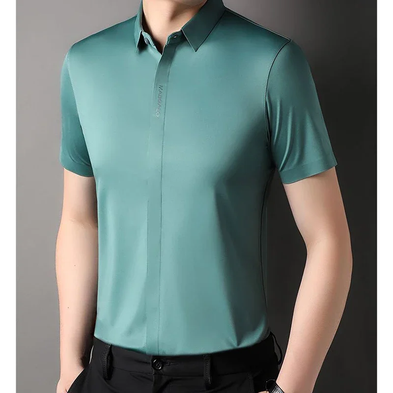 Lapel  Solid Color Letter Shirts Men Clothing 2024 Summer New Loose Casual Short Sleeve Tops Korean Shirts XT77
