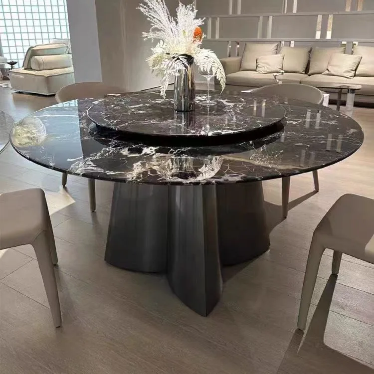 

Modern simple household round table with turntable four-leaf clover round black rose luxury stone natural marble dining table