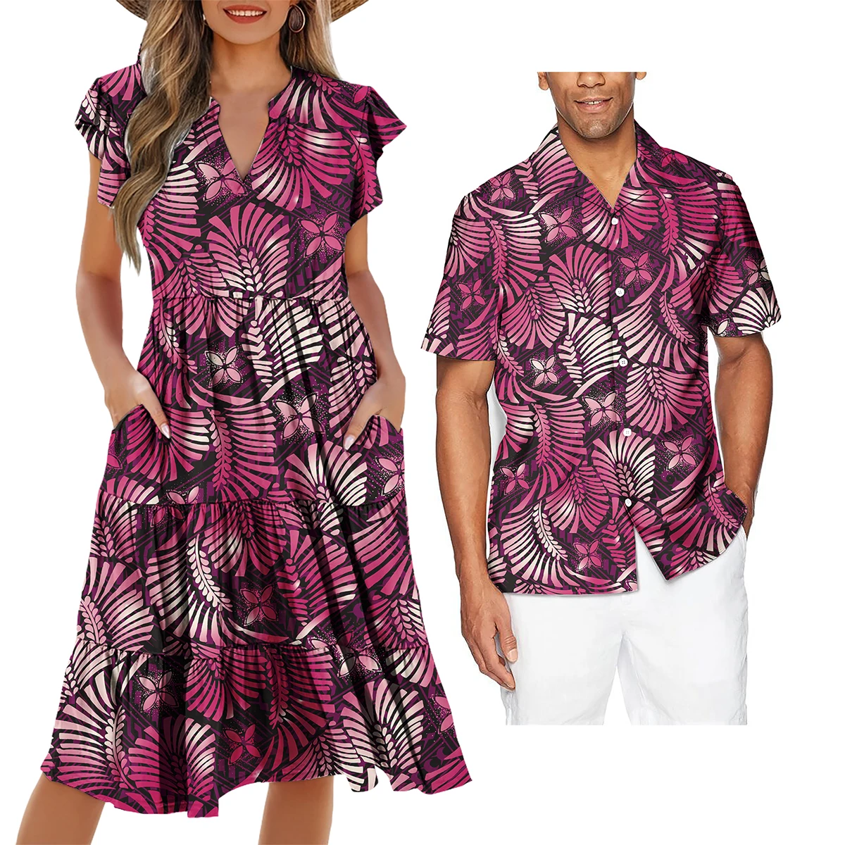 Couple Outfit Sets Ladies Evening Dresses Polynesian Pattern Design Classic Mens Hawaiian Shirts Match Women Plus Size Dress