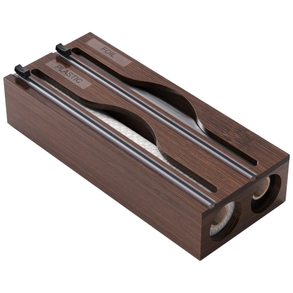 Bamboo Cling Film Cutter Box 2 /3 Grids Refillable Plastic Wrap Cutter Box Minimalist with Slide Cutter Tin Foil Cutter