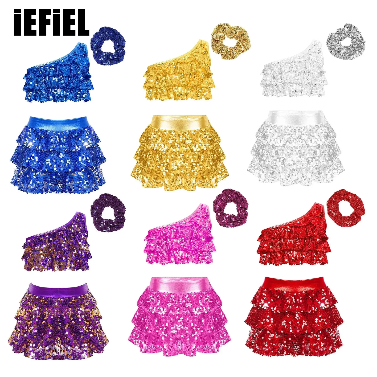 

Sequins Kids Girls Ballet Sets One Shoulder Shiny Tiered Ruffles Crop Top Skirted Shorts Culottes Hair Tie Headwear