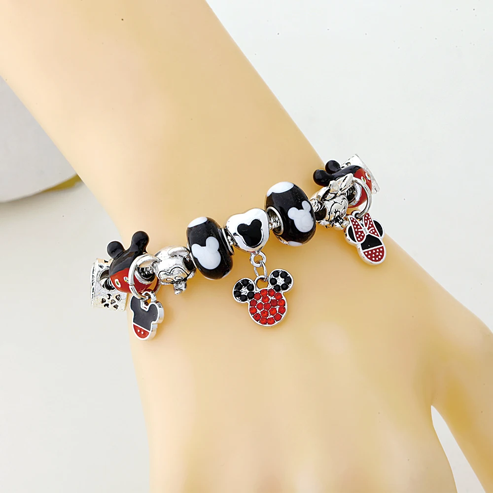 Black Crystal Disney Mickey Minnie Beaded Bracelet Classic Cartoon Animal Charm Jewelry Fashion Gift