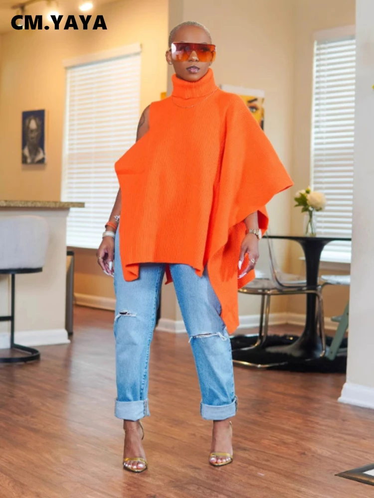 CM.YAYA ملابس خروج نسائية أنيقة لشتاء 2025 بأكمام طويلة غير متماثلة الياقة المدورة INS بلوفرات سترة ملابس علوية غير رسمية