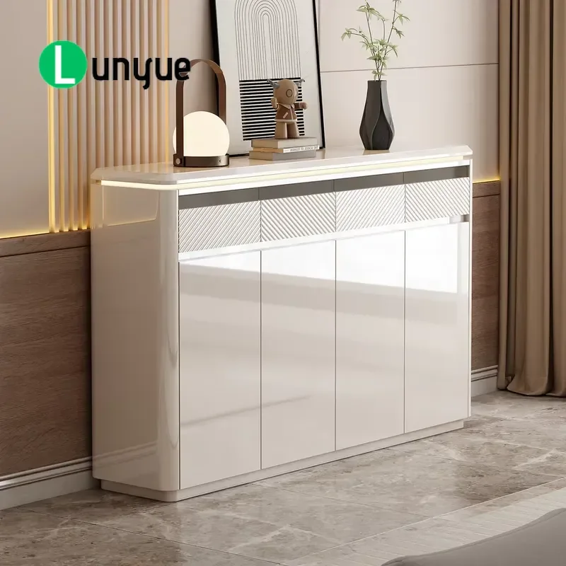 Large Capacity Wooden Shoe Cabinet with Touch LED Light Modern High Gloss Wall Mounted Storage Rack for Entrance Porch Luxury