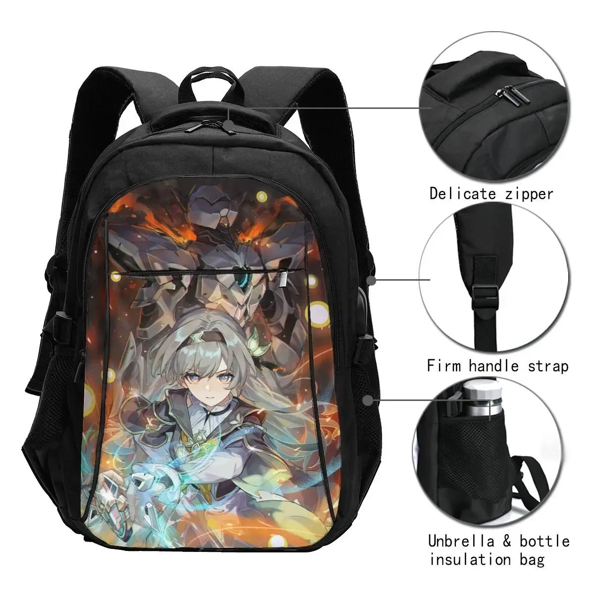Mochila para portátil de viaje Honkai Star Rail Firefly, mochila para portátil resistente al agua de negocios con puerto de carga USB, bolsa universitaria